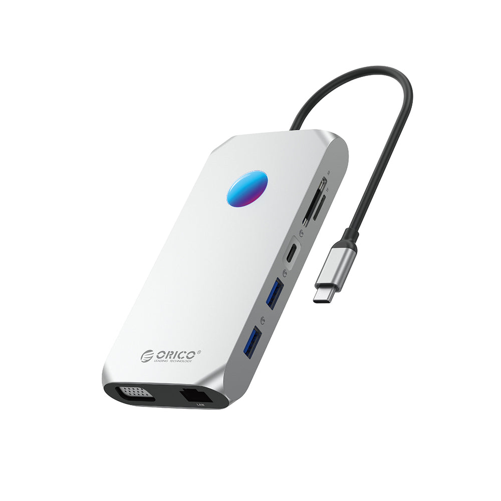 Orico XCR 12in1 RGB USB-C Docking Station 3x USB-A 3.1 1x USB-A 2.0 1x USB-C PD 100 W 1x USB-C 3.1 1x HDMI 1.4 4K 30Hz 1x VGA 1080p 1x microSD/SD 3.0 1x RJ Gigabit Ethernet 1x Audio CTIA 3.5 mm - Silver_0
