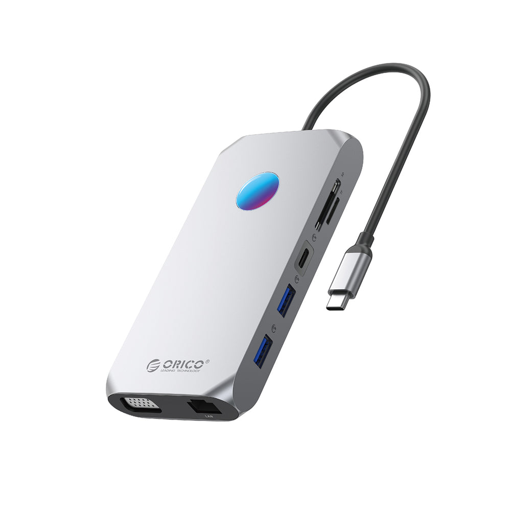 Orico XCR 12in1 RGB USB-C Docking Station 3x USB-A 3.1 1x USB-A 2.0 1x USB-C PD 100 W 1x USB-C 3.1 1x HDMI 1.4 4K 30Hz 1x VGA 1080p 1x microSD/SD 3.0 1x RJ Gigabit Ethernet 1x Audio CTIA 3.5 mm - Gray_0