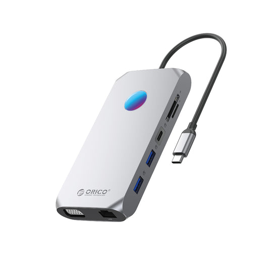 Orico XCR 12in1 RGB USB-C Docking Station 3x USB-A 3.1 1x USB-A 2.0 1x USB-C PD 100 W 1x USB-C 3.1 1x HDMI 1.4 4K 30Hz 1x VGA 1080p 1x microSD/SD 3.0 1x RJ Gigabit Ethernet 1x Audio CTIA 3.5 mm - Gray_0