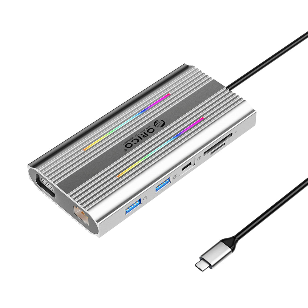 Orico XDR 12in1 RGB USB-C Docking Station USB-A USB-C PD 100W 2x HDMI 4K 60Hz VGA RJ45 Gigabit SD and microSD Card Reader - Gray_0