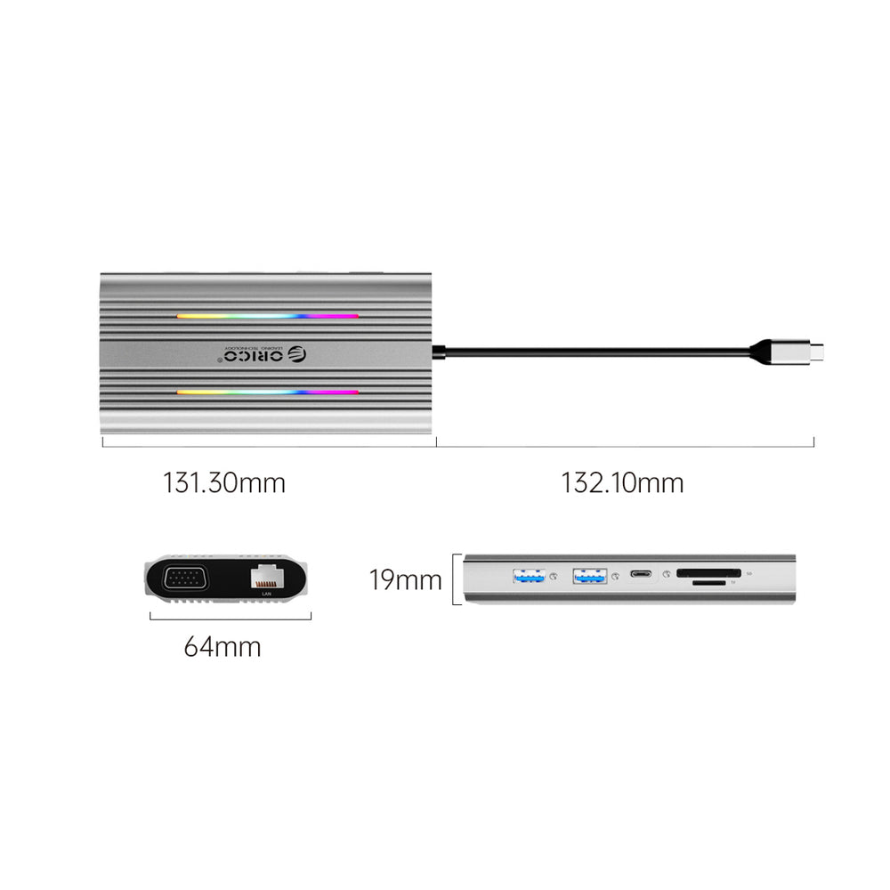 Orico XDR 12in1 RGB USB-C Docking Station USB-A USB-C PD 100W 2x HDMI 4K 60Hz VGA RJ45 Gigabit SD and microSD Card Reader - Gray_2
