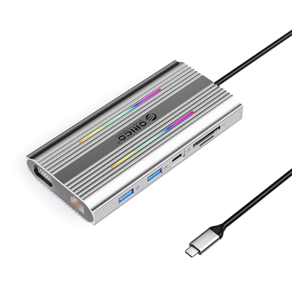 Orico XCR 12in1 RGB USB-C Docking Station 3x USB-A USB-C PD 100W HDMI 4K VGA RJ45 Gigabit SD and microSD Card Reader - Silver_0
