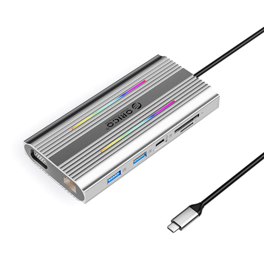 Orico XCR 12in1 RGB USB-C Docking Station 3x USB-A USB-C PD 100W HDMI 4K VGA RJ45 Gigabit SD and microSD Card Reader - Silver_0