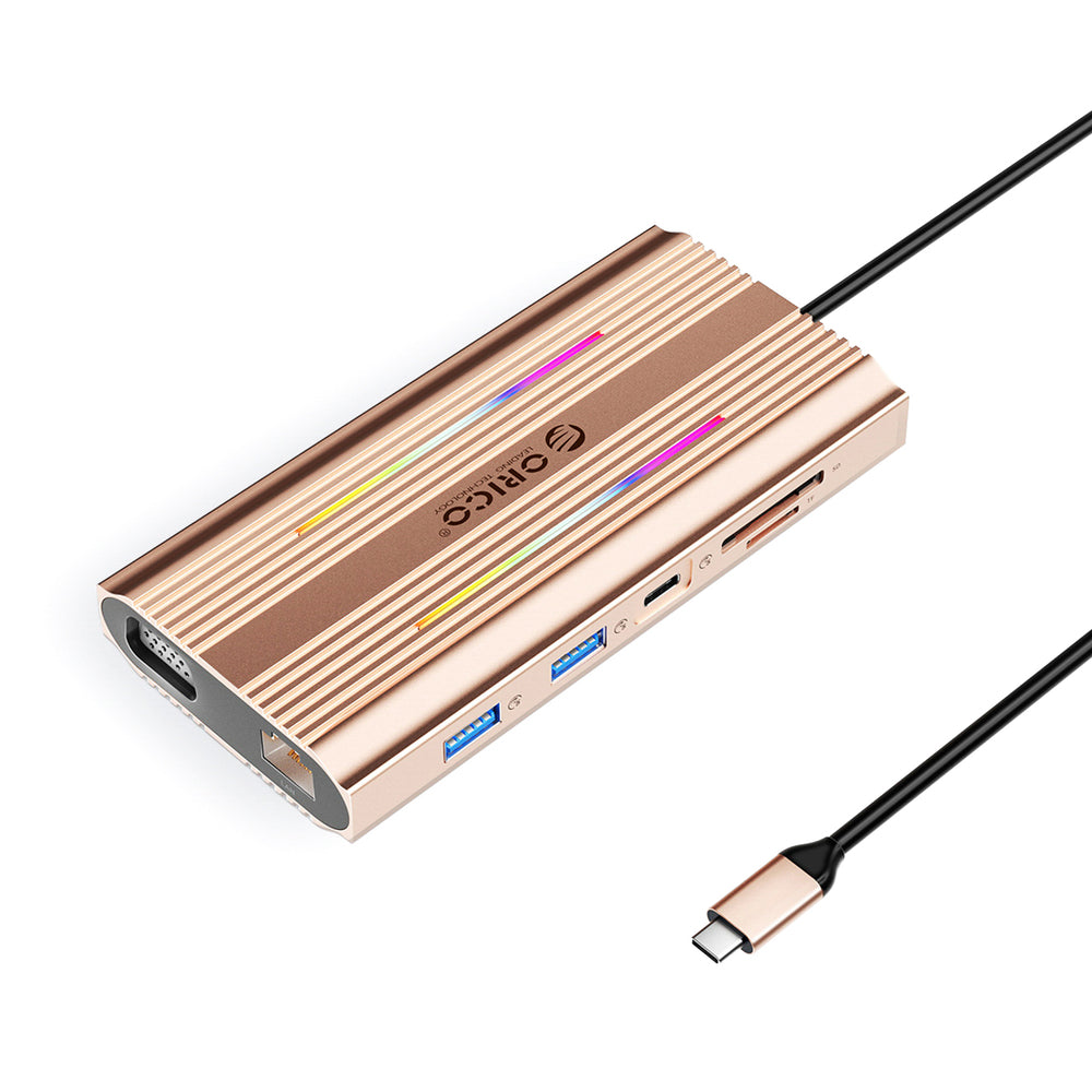 Orico XDR 12in1 RGB USB-C Docking Station 3x USB-A USB-C PD 100W HDMI 4K VGA RJ45 Gigabit SD and microSD Card Reader - Rose Gold_0