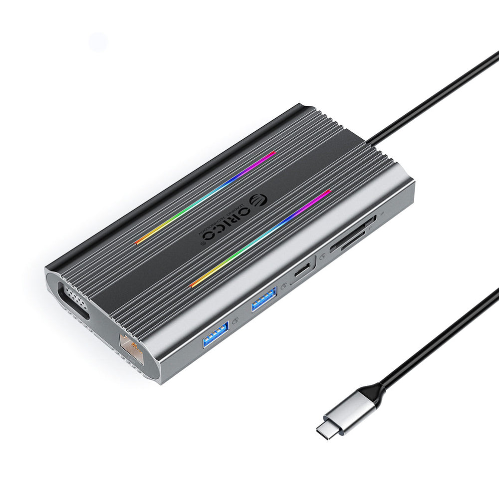 Orico XCR 12in1 RGB USB-C Docking Station 3x USB-A USB-C PD 100W HDMI 4K VGA RJ45 Gigabit SD and microSD Card Reader - Gray_0