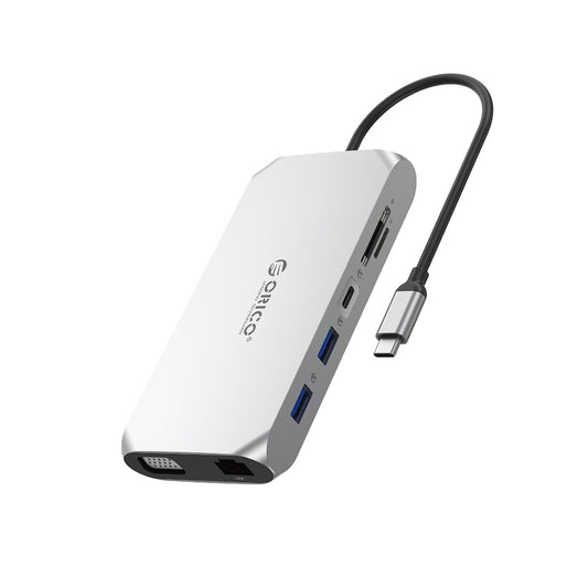 Orico XCR 12in1 USB-C Docking Station 3x USB-A 3.1 1x USB-A 2.0 1x USB-C PD 100 W 1x USB-C 3.1 1x HDMI 1.4 4K 30 Hz 1x VGA 1080p 1x SD 3.0 1x microSD 3.0 1x RJ45 Gigabit Ethernet 1x audio CTIA 3.5 mm - Silver_0