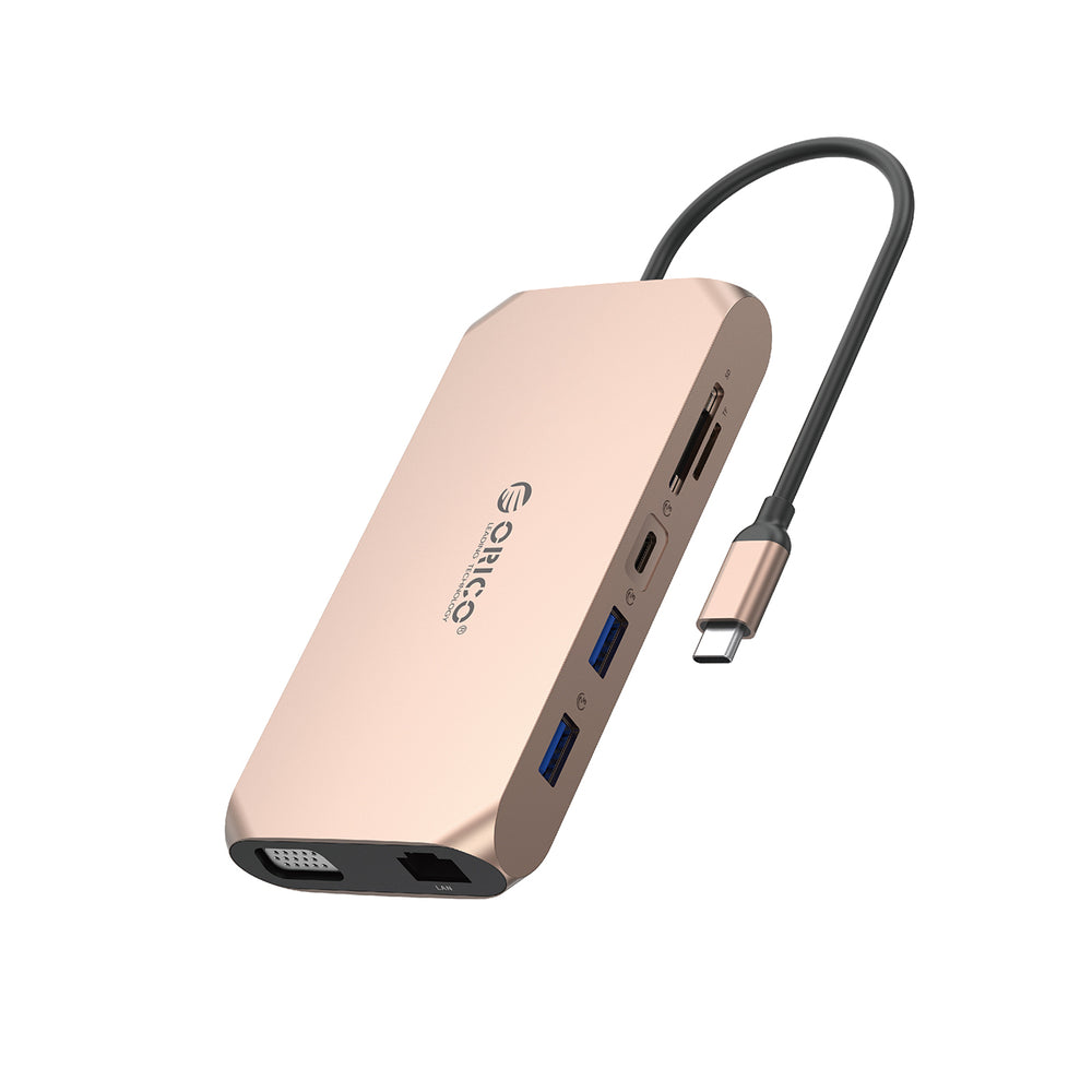 Orico XCR 12in1 USB-C Docking Station 3x USB-A 3.1 1x USB-A 2.0 1x USB-C PD 100W 1x USB-C 3.1 1x HDMI 1.4 4K 30 Hz 1x VGA 1080p 1x SD 3.0 1x microSD 3.0 1x RJ45 Gigabit Ethernet 1x audio CTIA 3.5mm - Rose Gold_0