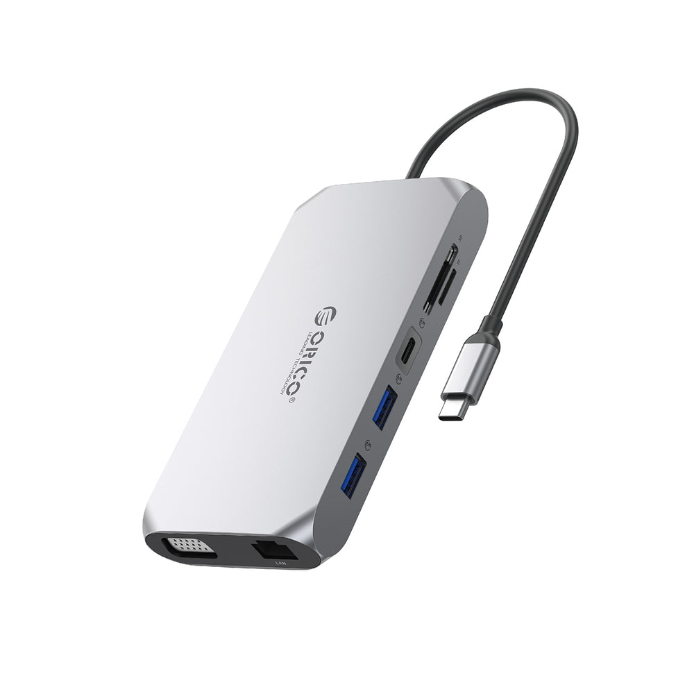 Orico XCR 12in1 USB-C Docking Station 3x USB-A 3.1 1x USB-A 2.0 1x USB-C PD 100W 1x USB-C 3.1 1x HDMI 1.4 4K 30 Hz 1x VGA 1080p 1x SD 3.0 1x microSD 3.0 1x RJ45 Gigabit Ethernet 1x audio CTIA 3.5 mm - Gray_0