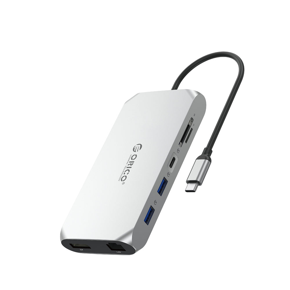 Orico XCR 12in1 USB-C Docking Station 2x USB-A 3.1 1x USB-A 2.0 1x USB-C PD 100W 1x USB-C 3.1 2x HDMI 2.0 4K 60 Hz 1x DisplayPort 1.4 4K 60 Hz 1x SD 3.0 1x microSD 3.0 1x RJ45 Gigabit Ethernet 1x audio CTIA 3.5 mm - silver_0