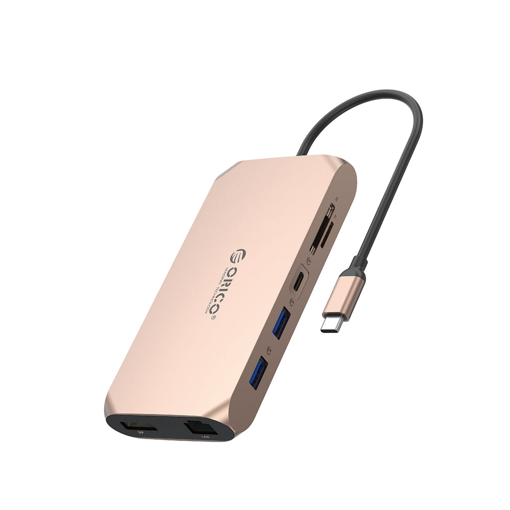 Orico XCR 12in1 USB-C Docking Station 2x USB-A 3.1 1x USB-A 2.0 1x USB-C PD 100W 1x USB-C 3.1 2x HDMI 2.0 4K 60Hz 1x DisplayPort 1.4 4K 60Hz 1x SD 3.0 1x microSD 3.0 1x RJ45 Gigabit Ethernet 1x CTIA audio 3.5mm - rose gold_0