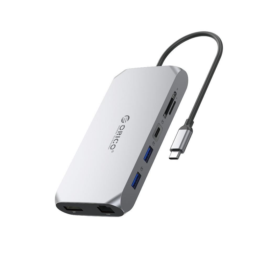 Orico XCR 12in1 USB-C Docking Station 2x USB-A 3.1 1x USB-A 2.0 1x USB-C PD 100W 1x USB-C 3.1 2x HDMI 2.0 4K 60Hz 1x DisplayPort 1.4 4K 60Hz 1x SD 3.0 1x microSD 3.0 1x RJ45 Gigabit Ethernet 1x audio CTIA 3.5mm - Gray_0