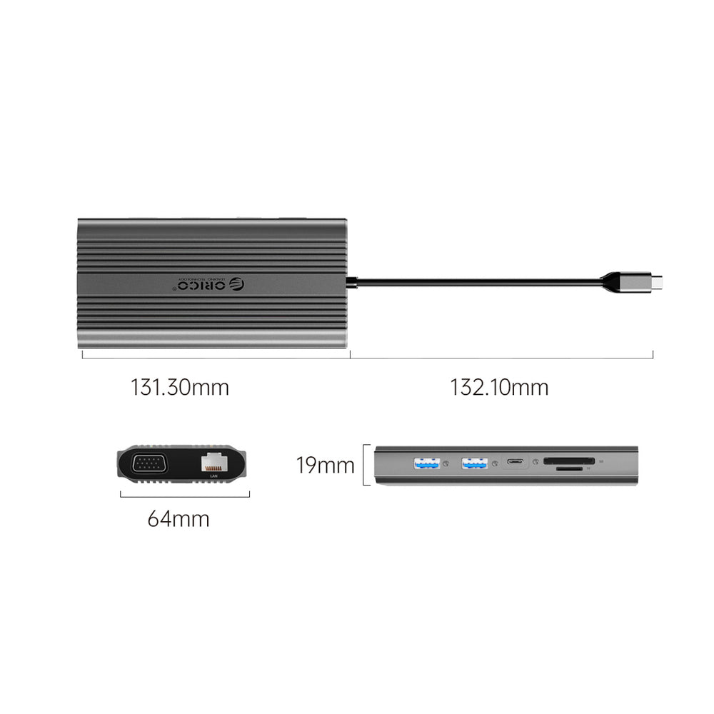 Orico XDR 12in1 USB-C Docking Station USB-A USB-C HDMI 4K VGA RJ45 Gigabit PD 100W SD and microSD Card Reader - Gray_2