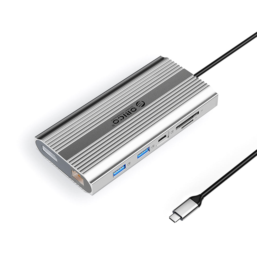 Orico XDR 12in1 USB-C Docking Station USB-A USB-C 2x HDMI 4K 60Hz DisplayPort 4K 60Hz RJ45 Gigabit PD 100W SD and microSD Card Reader - Silver_0