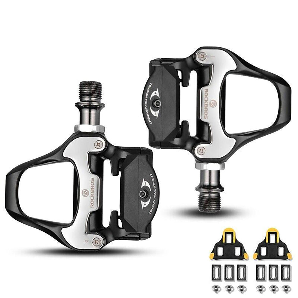 Rockbros LP-RD2BK Shimano SPD-SL Road Pedals with Yellow Cleats - Black and Silver_0