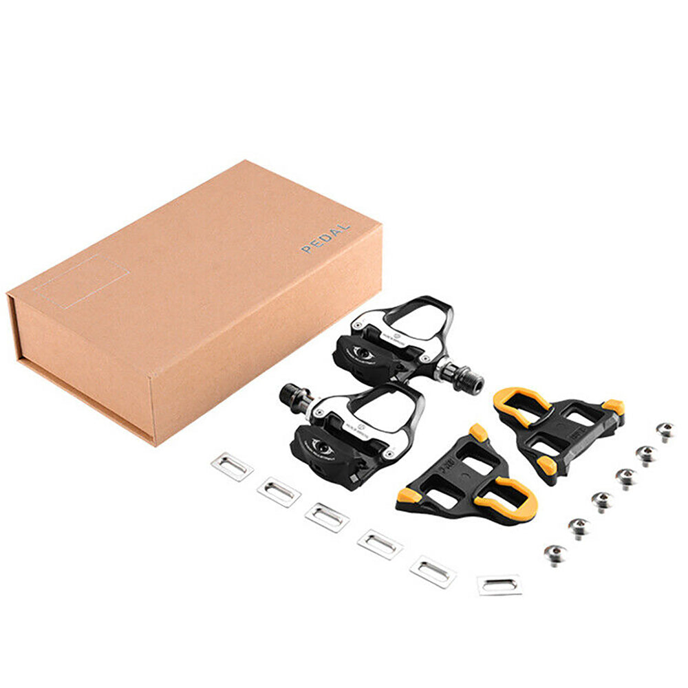 Rockbros LP-RD2BK Shimano SPD-SL Road Pedals with Yellow Cleats - Black and Silver_4