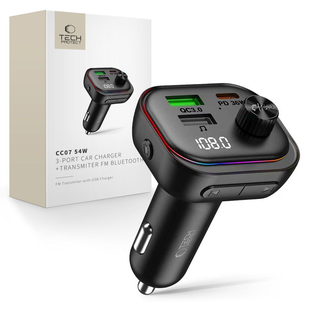 Tech-Protect CC07 3-Port PD 54W Car Charger + Bluetooth FM Transmitter - Black_0