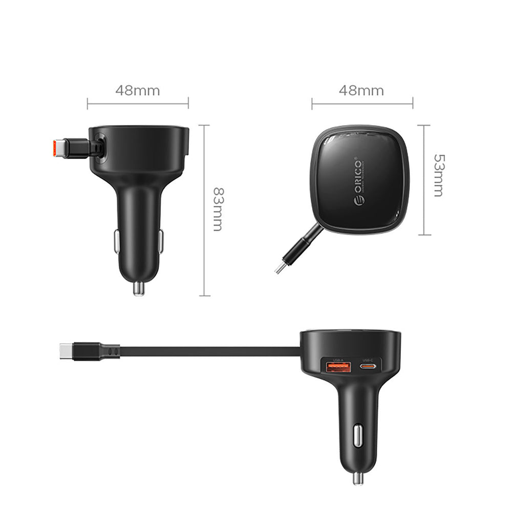 Orico FC-66-1A2C 66W Car Charger with Built-in Retractable USB-C Cable - Black_1