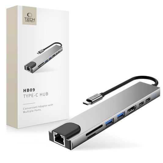 Tech-Protect HB09 USB hub 8in1 TYPE-C + USB-A 3.0 + USB-C 3.0 + HDMI 4K 60HZ + SD/TF + PD100W + RJ45 1000 MB/S - gray_0