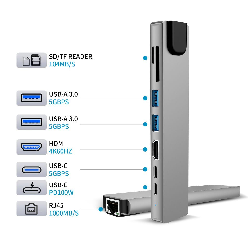 Tech-Protect HB09 USB hub 8in1 TYPE-C + USB-A 3.0 + USB-C 3.0 + HDMI 4K 60HZ + SD/TF + PD100W + RJ45 1000 MB/S - gray_6