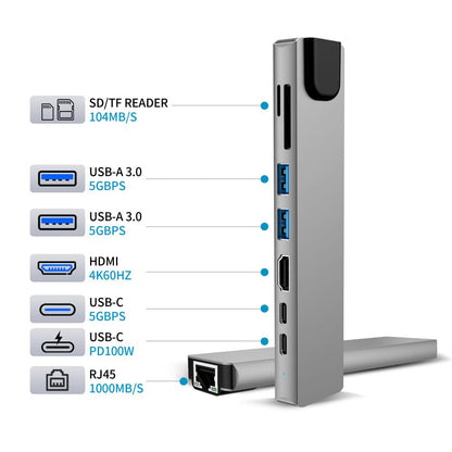 Tech-Protect HB09 USB hub 8in1 TYPE-C + USB-A 3.0 + USB-C 3.0 + HDMI 4K 60HZ + SD/TF + PD100W + RJ45 1000 MB/S - gray_6