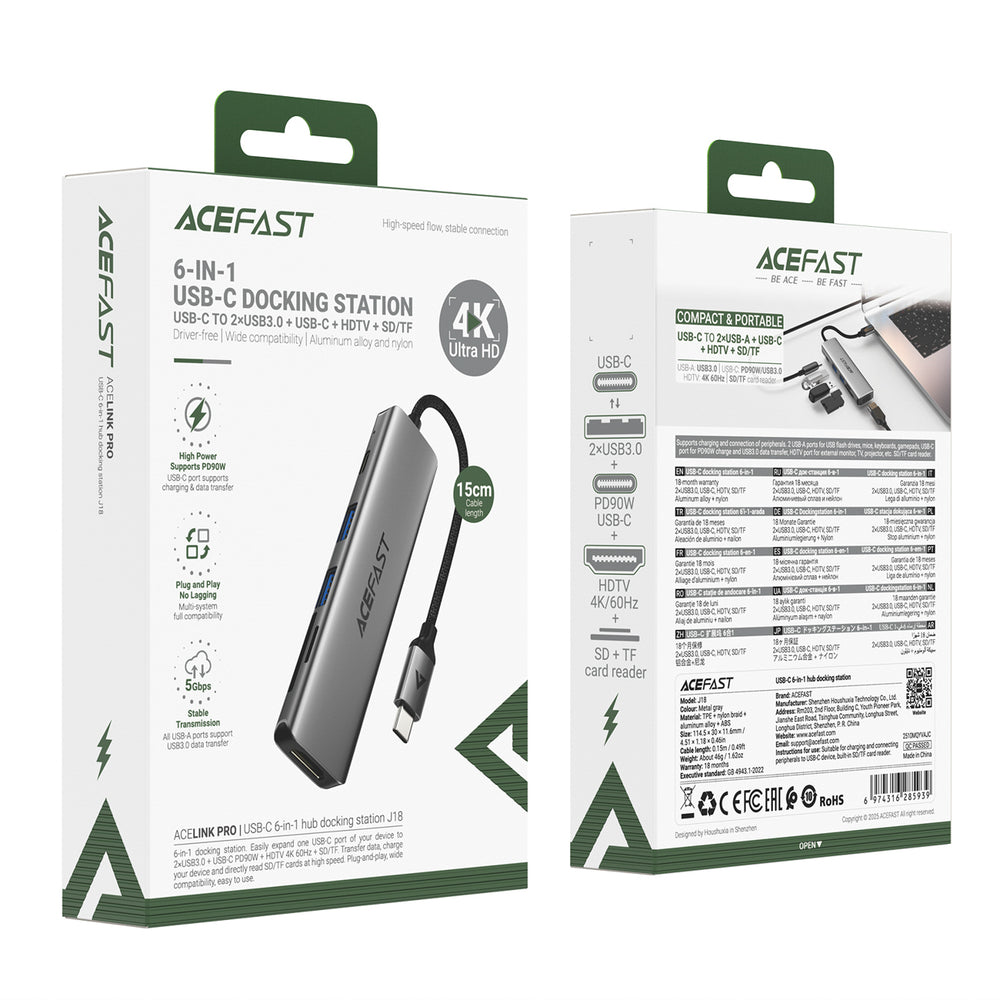 Acefast J18 USB Hub USB-C 6-in-1 HDMI 4K 60Hz PD90W Docking Station - Gray_3