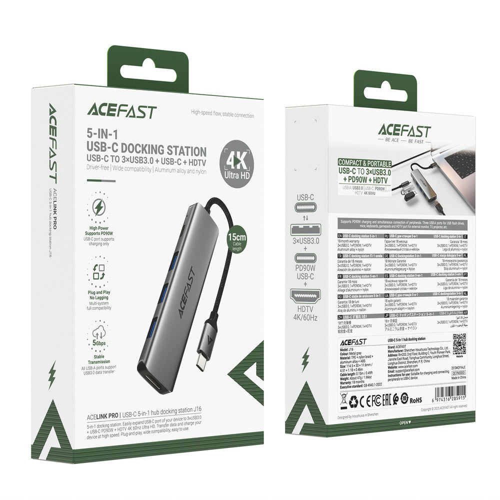 Acefast J16 USB Hub USB-C 5-in-1 HDMI 4K 60Hz PD90W Docking Station - Gray_4