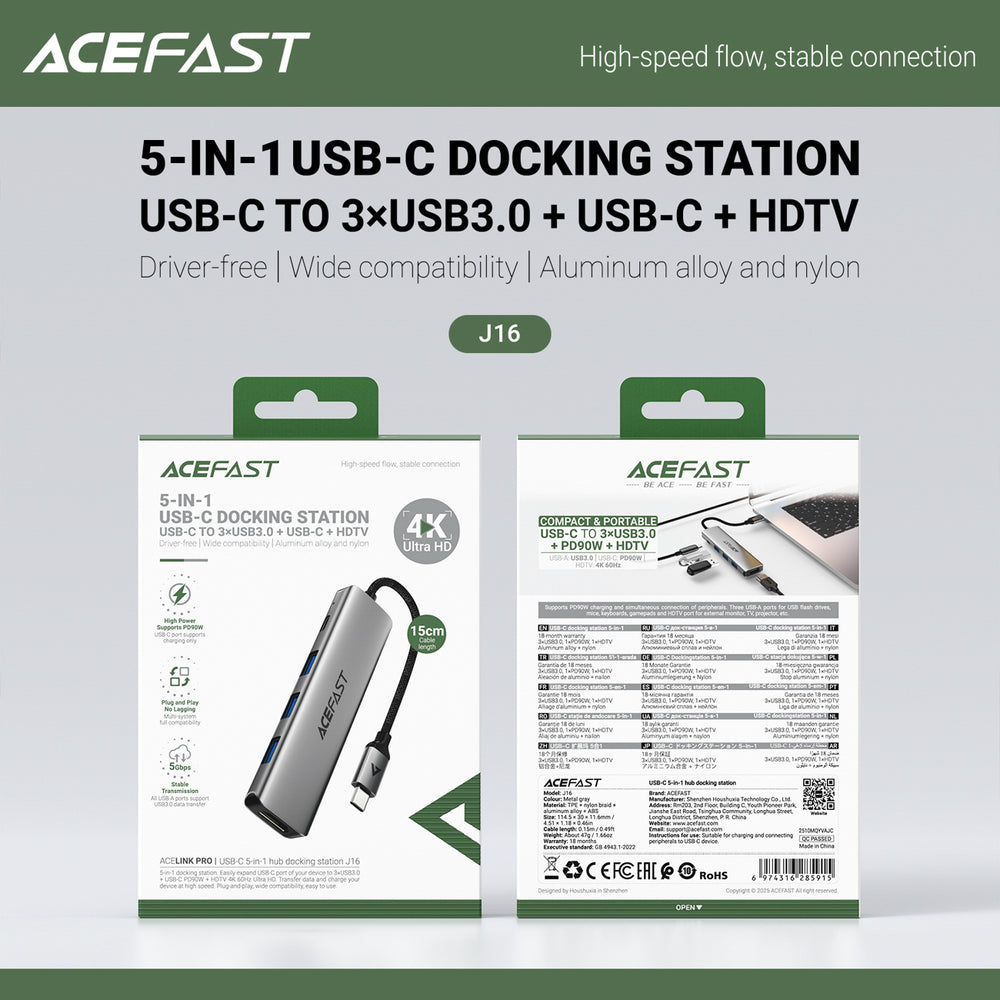 Acefast J16 USB Hub USB-C 5-in-1 HDMI 4K 60Hz PD90W Docking Station - Gray_5