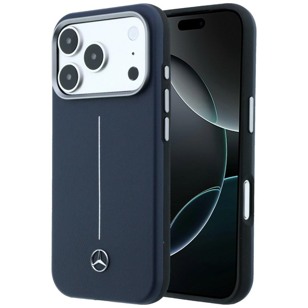 Mercedes Leather Semi Wrap Iconic Line MagSafe Case for iPhone 17 Pro Max - Navy Blue_0