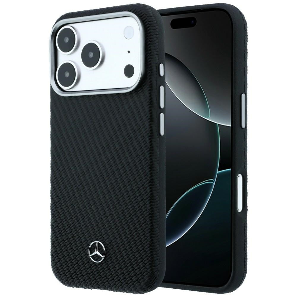 Mercedes Leather Semi Wrap Wood Effect MagSafe Case for iPhone 17 Pro - Black_0