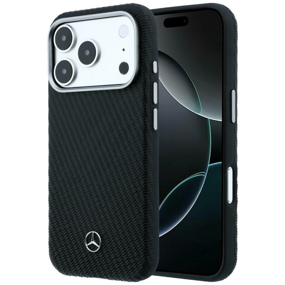 Mercedes Leather Semi Wrap Wood Effect MagSafe Case for iPhone 17 Pro Max - Black_0