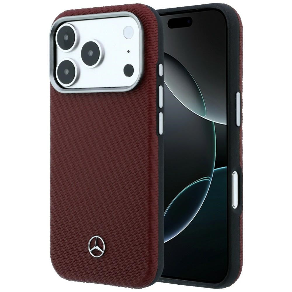 Mercedes Leather Semi Wrap Wood Effect MagSafe Case for iPhone 17 Pro Max - Red_0