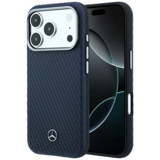 Mercedes Leather Semi Wrap Wood Effect MagSafe Case for iPhone 17 Pro Max - Navy Blue_0