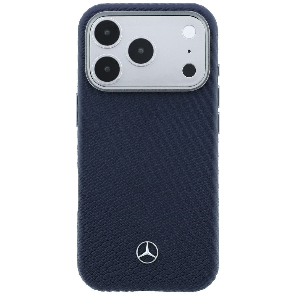 Mercedes Leather Semi Wrap Wood Effect MagSafe Case for iPhone 17 Pro Max - Navy Blue_2