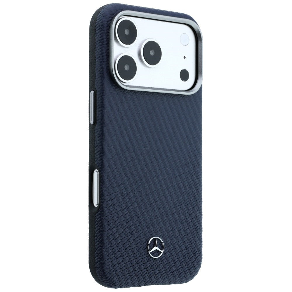 Mercedes Leather Semi Wrap Wood Effect MagSafe Case for iPhone 17 Pro Max - Navy Blue_3
