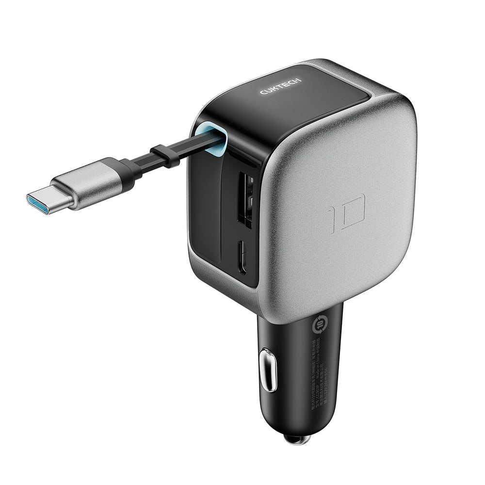 Cuktech CC903P 100W Car Charger with Display and 70cm Retractable USB-C Cable - Gray_0