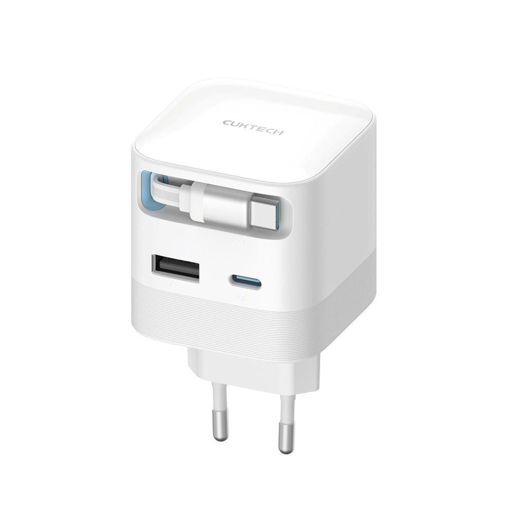 Cuktech AD653W 67W GaN 2x USB-C + USB-A Wall Charger with 70cm Retractable USB-C Cable - White_0