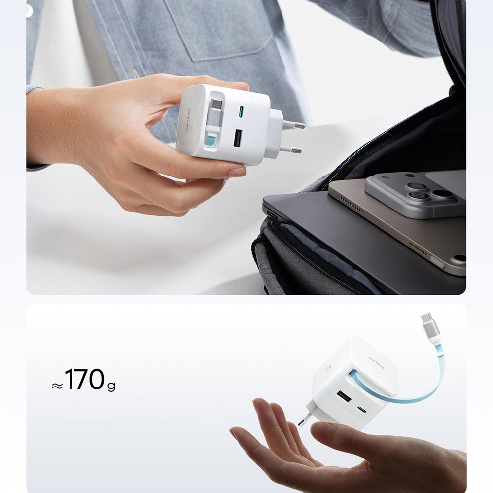 Cuktech AD653W 67W GaN 2x USB-C + USB-A Wall Charger with 70cm Retractable USB-C Cable - White_9