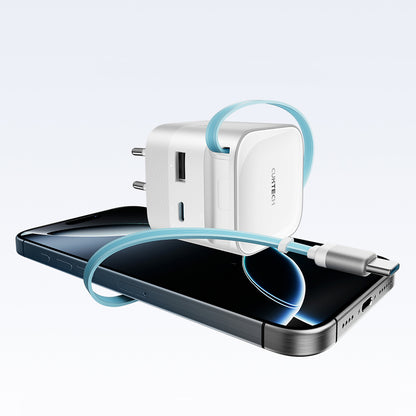 Cuktech AD653W 67W GaN 2x USB-C + USB-A Wall Charger with 70cm Retractable USB-C Cable - White_1