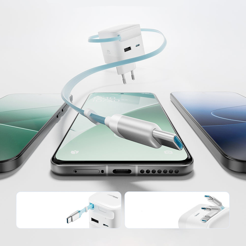 Cuktech AD653W 67W GaN 2x USB-C + USB-A Wall Charger with 70cm Retractable USB-C Cable - White_3