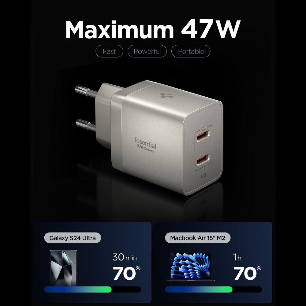 Wall Charger Spigen EE472EU Essential, 47W, 3A, 2 x USB-C, Natural Titanium ACH10451 _1