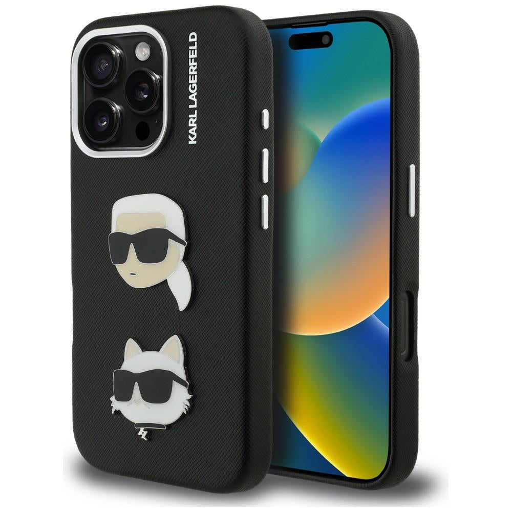 Karl Lagerfeld FW Grained Karl &amp; Choupette Heads Pins Case for iPhone 16 Pro - Black_0