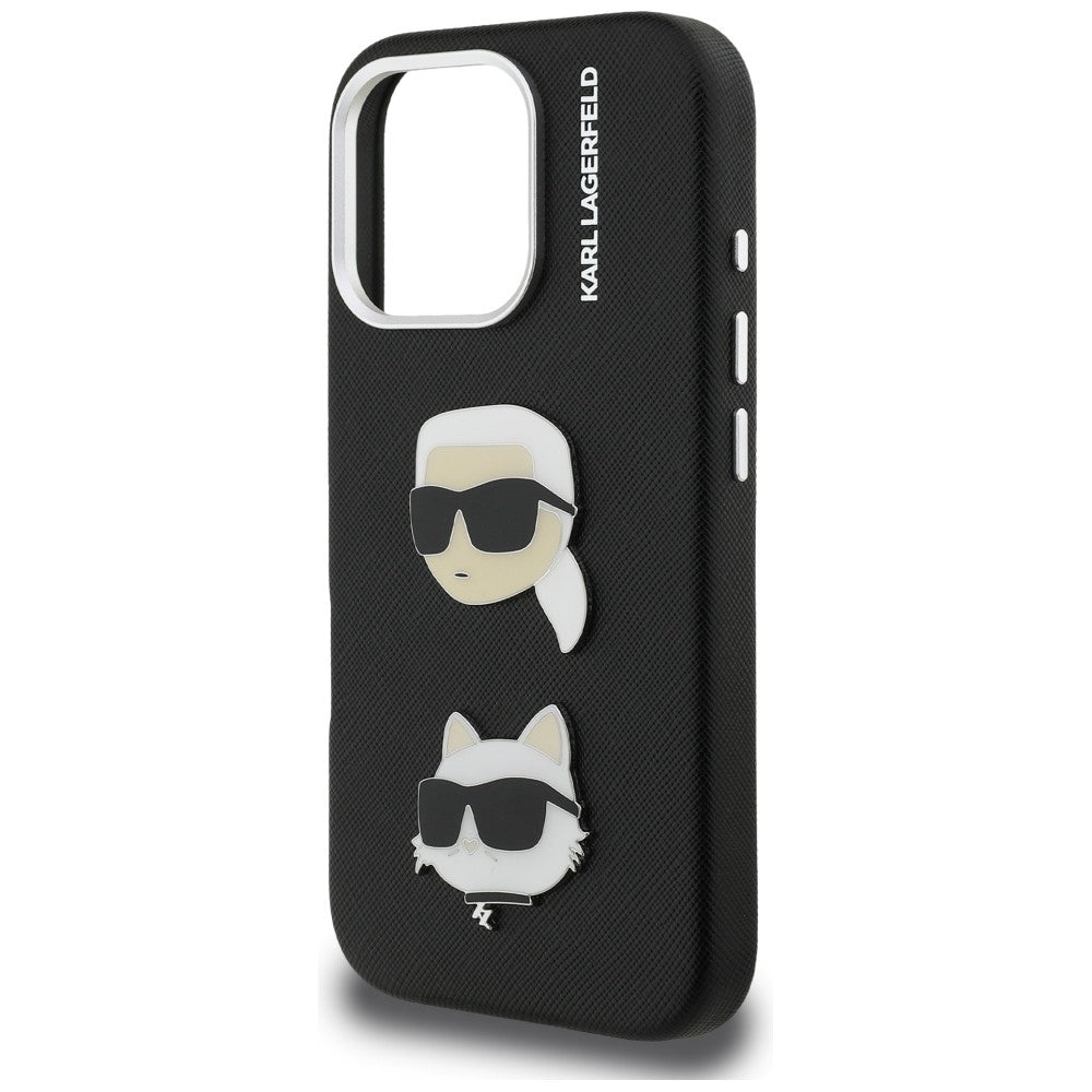 Karl Lagerfeld FW Grained Karl &amp; Choupette Heads Pins Case for iPhone 16 Pro Max - Black_5