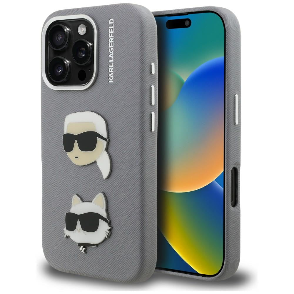 Karl Lagerfeld FW Grained Karl &amp; Choupette Heads Pins Case for iPhone 16 Pro Max - Gray_0