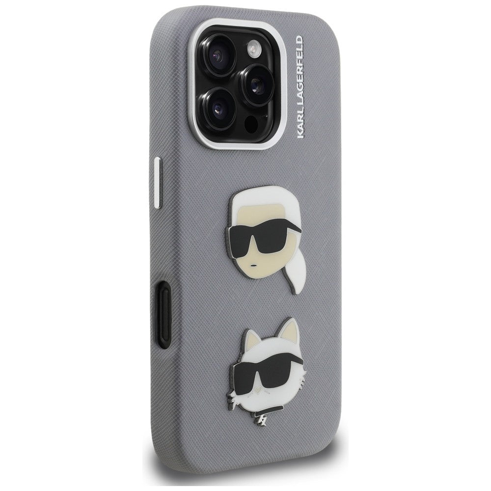 Karl Lagerfeld FW Grained Karl &amp; Choupette Heads Pins Case for iPhone 16 Pro Max - Gray_3