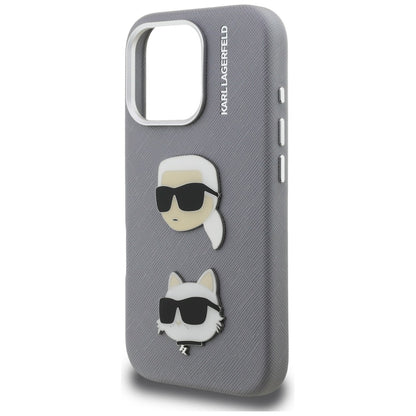Karl Lagerfeld FW Grained Karl &amp; Choupette Heads Pins Case for iPhone 16 Pro Max - Gray_5