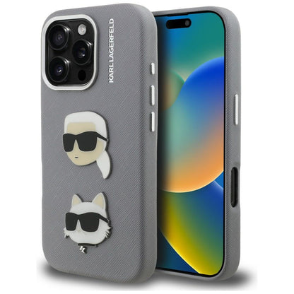 Karl Lagerfeld FW Grained Karl &amp; Choupette Heads Pins Case for iPhone 16 Pro - Gray_0