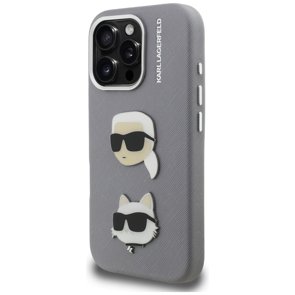 Karl Lagerfeld FW Grained Karl &amp; Choupette Heads Pins Case for iPhone 16 Pro - Gray_1