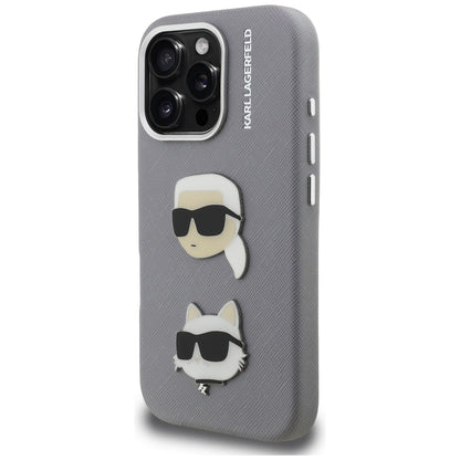 Karl Lagerfeld FW Grained Karl &amp; Choupette Heads Pins Case for iPhone 16 Pro - Gray_1