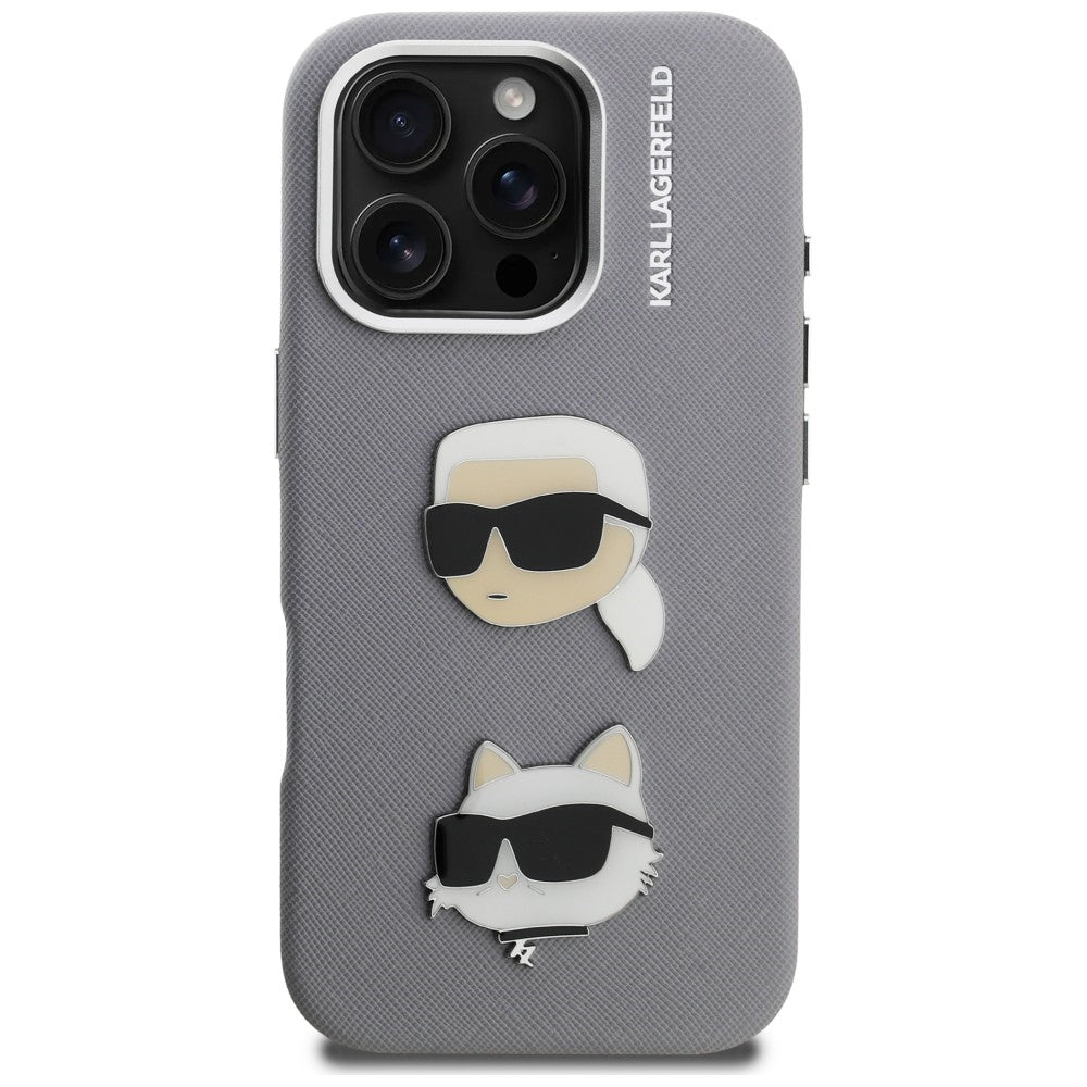 Karl Lagerfeld FW Grained Karl &amp; Choupette Heads Pins Case for iPhone 16 Pro - Gray_2