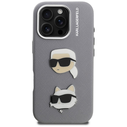 Karl Lagerfeld FW Grained Karl &amp; Choupette Heads Pins Case for iPhone 16 Pro - Gray_2